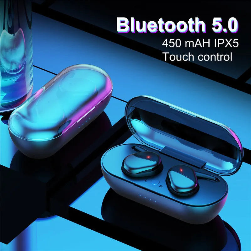 Wireless Bluetooth headset in black, earplug style with microphone, binaural stereo design