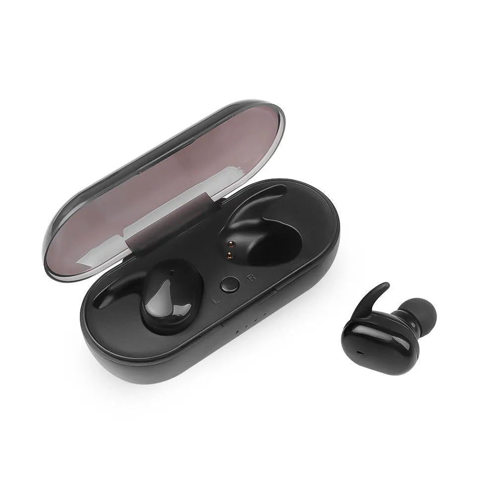 Wireless Bluetooth headset in black, earplug style with microphone, binaural stereo design
