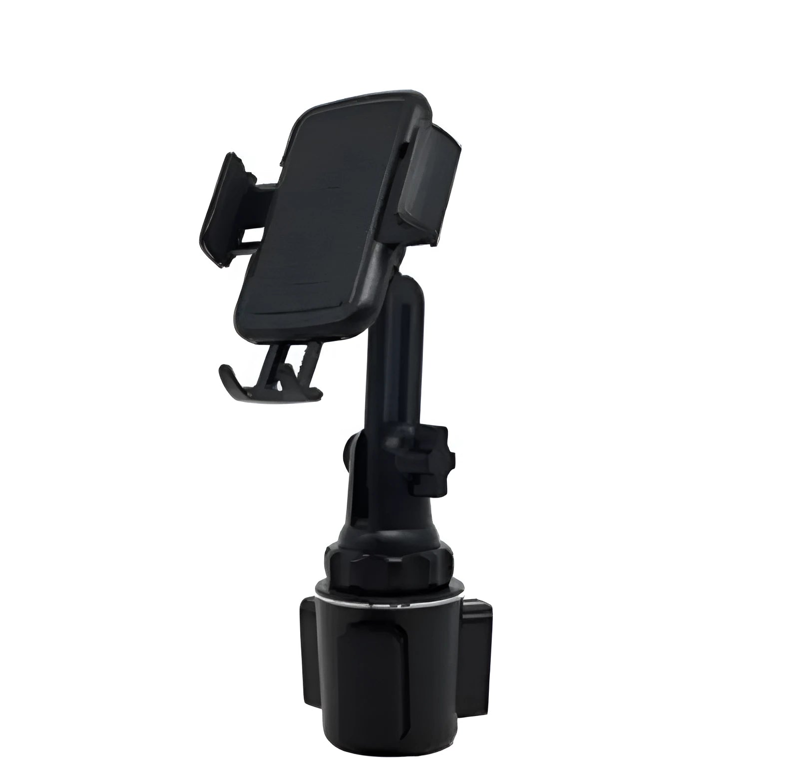 Black ABS car phone holder showing adjustable rotation and height mechanisms