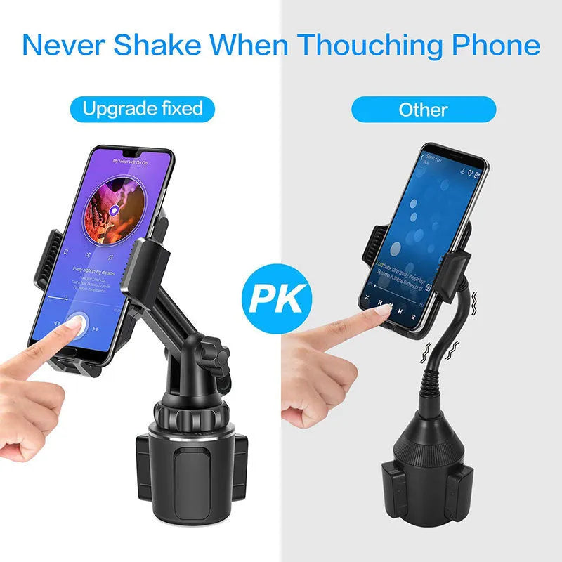 Black ABS car phone holder showing adjustable rotation and height mechanisms