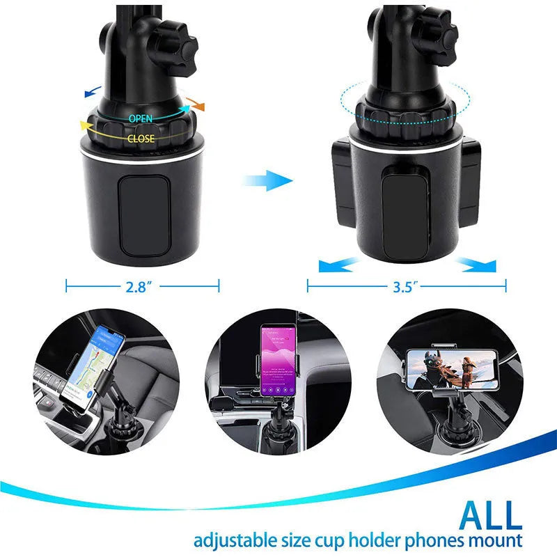 Black ABS car phone holder showing adjustable rotation and height mechanisms