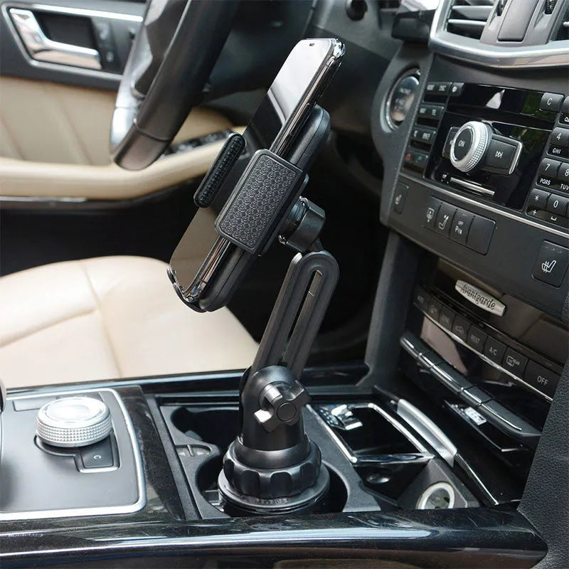 Black ABS car phone holder showing adjustable rotation and height mechanisms