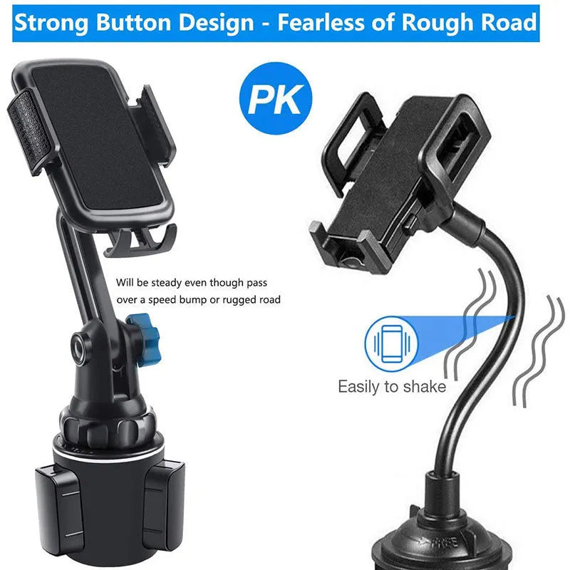 Black ABS car phone holder showing adjustable rotation and height mechanisms