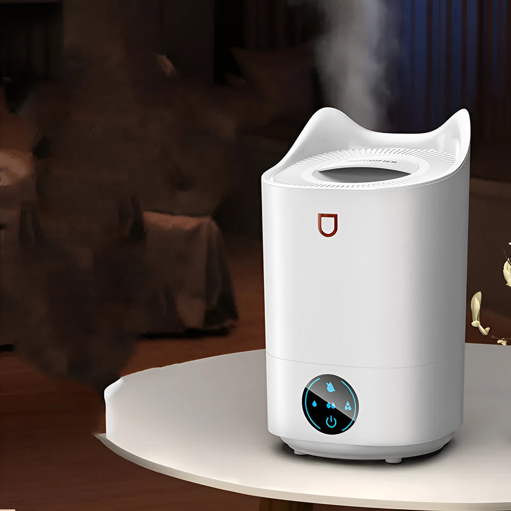 Double spray humidifier with USB cable and three mist outlets in coral pink colour