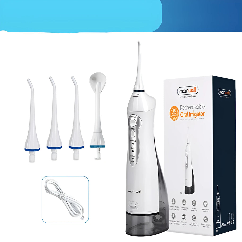 Portable electric oral irrigator with 330ml tank, three modes, and four nozzles on white background