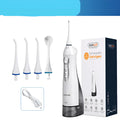 Portable electric oral irrigator with 330ml tank, three modes, and four nozzles on white background