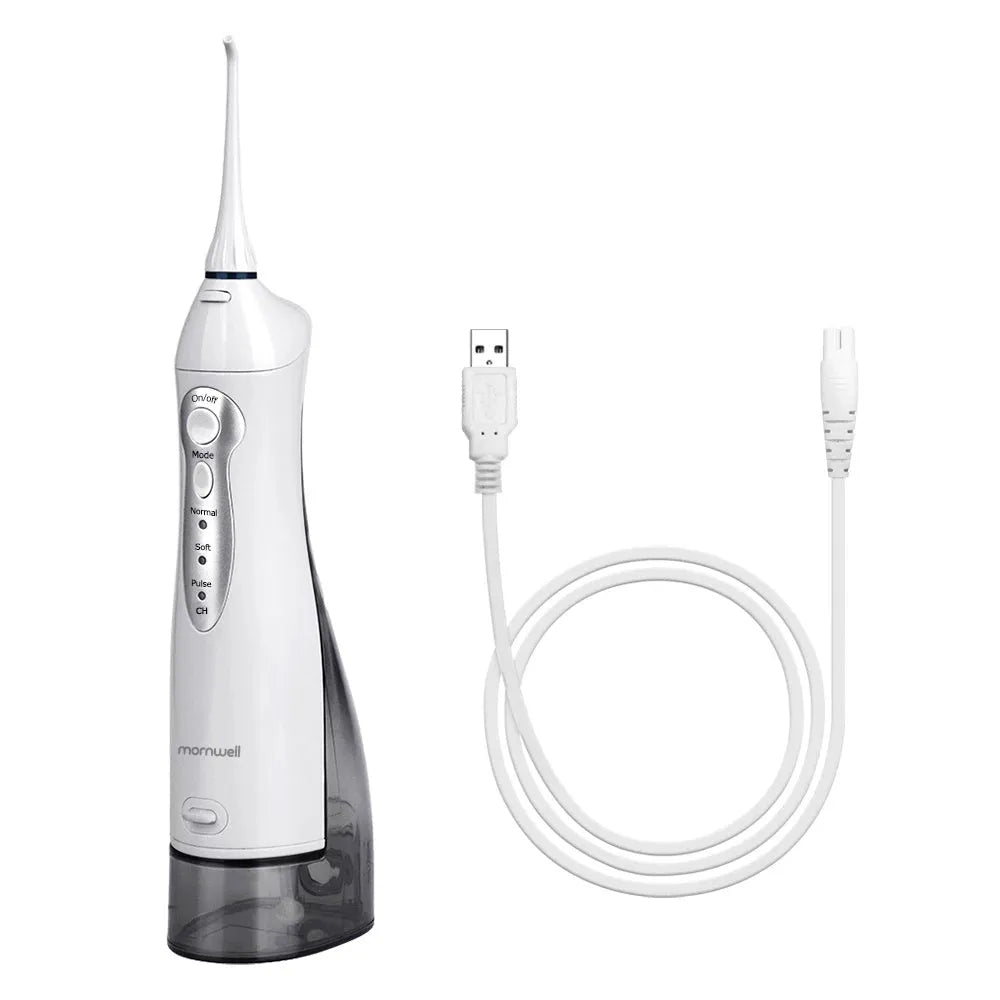 Portable electric oral irrigator with 330ml tank, three modes, and four nozzles on white background