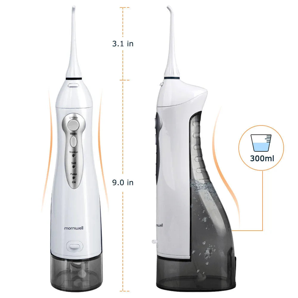 Portable electric oral irrigator with 330ml tank, three modes, and four nozzles on white background