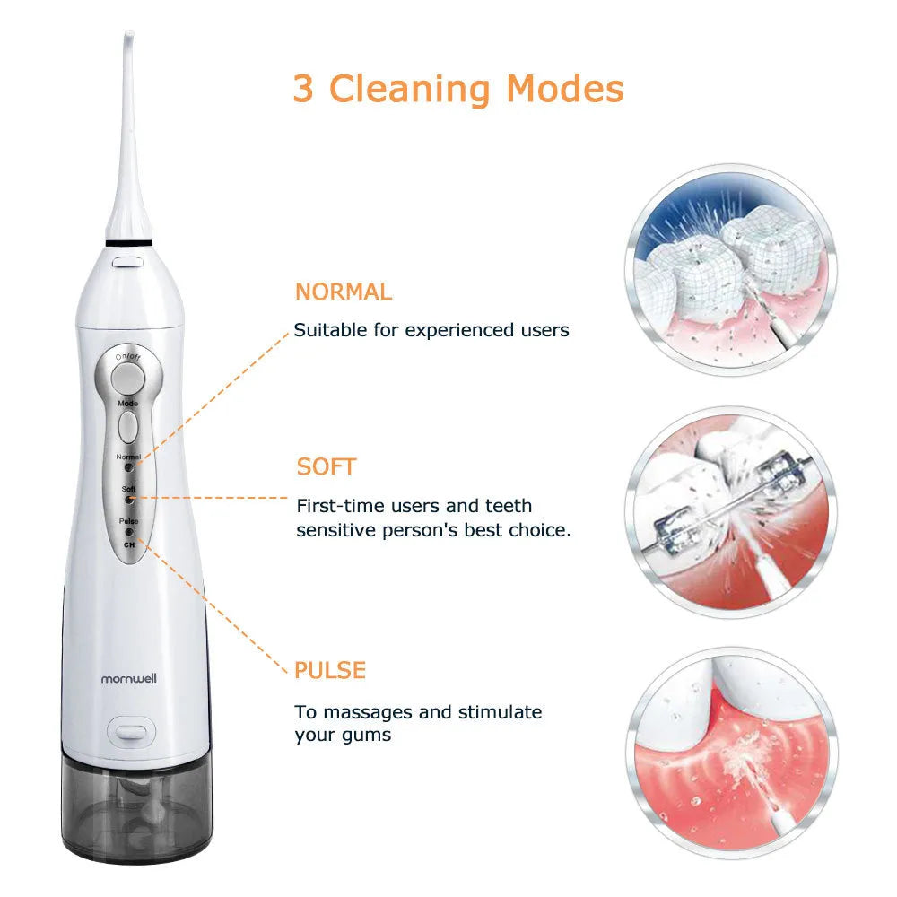 Portable electric oral irrigator with 330ml tank, three modes, and four nozzles on white background