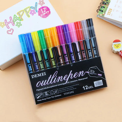 12-color set of metal shell double-line outline highlighters in plastic packing