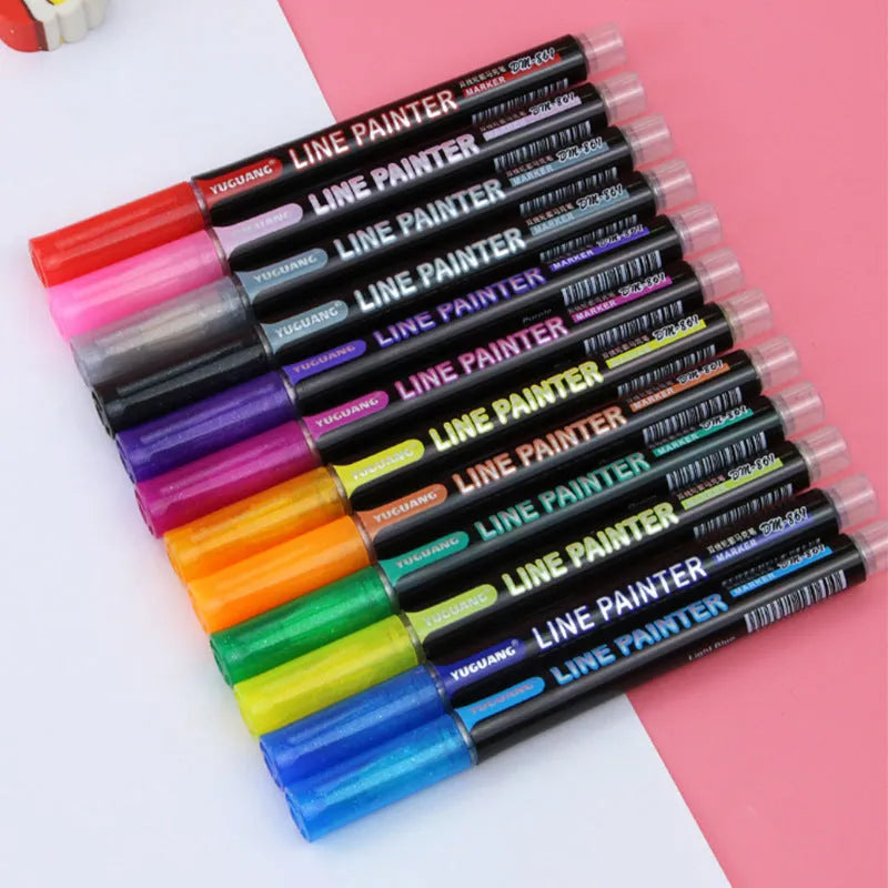 12-color set of metal shell double-line outline highlighters in plastic packing