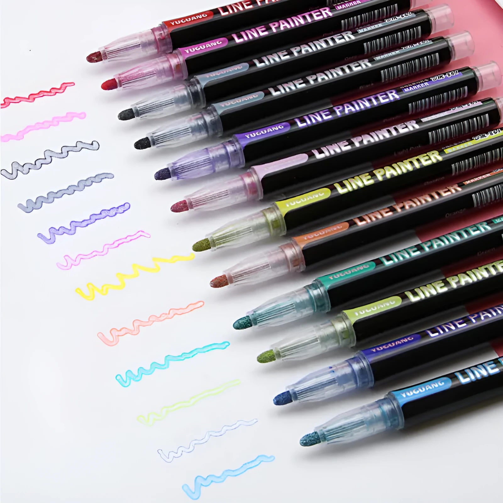 12-color set of metal shell double-line outline highlighters in plastic packing