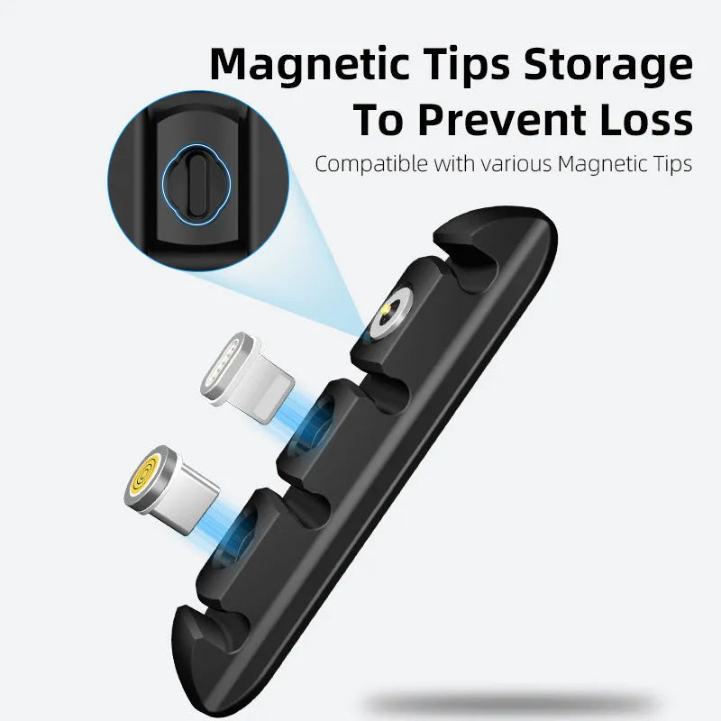Black desktop magnetic cable organiser for charging cable storage and workspace organisation
