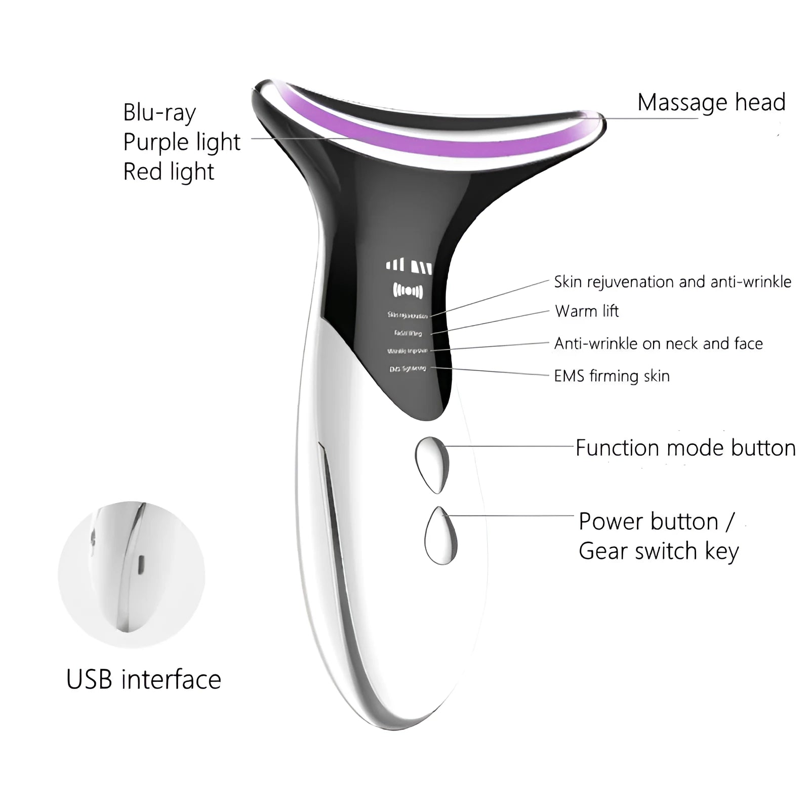 Ultrasonic neck massager in elegant white for face and neck colour light skin rejuvenation
