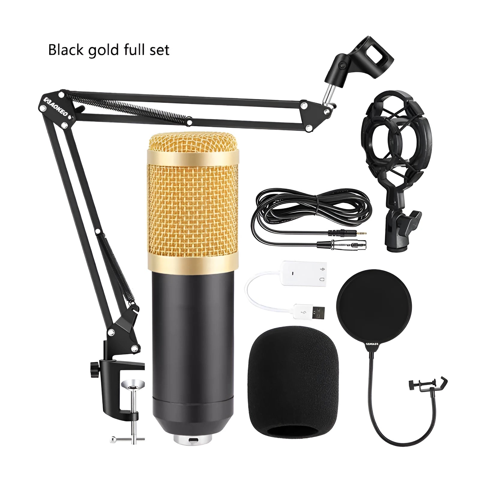 BM800 condenser microphone with large pop filter on a metal desk stand and shock mount.