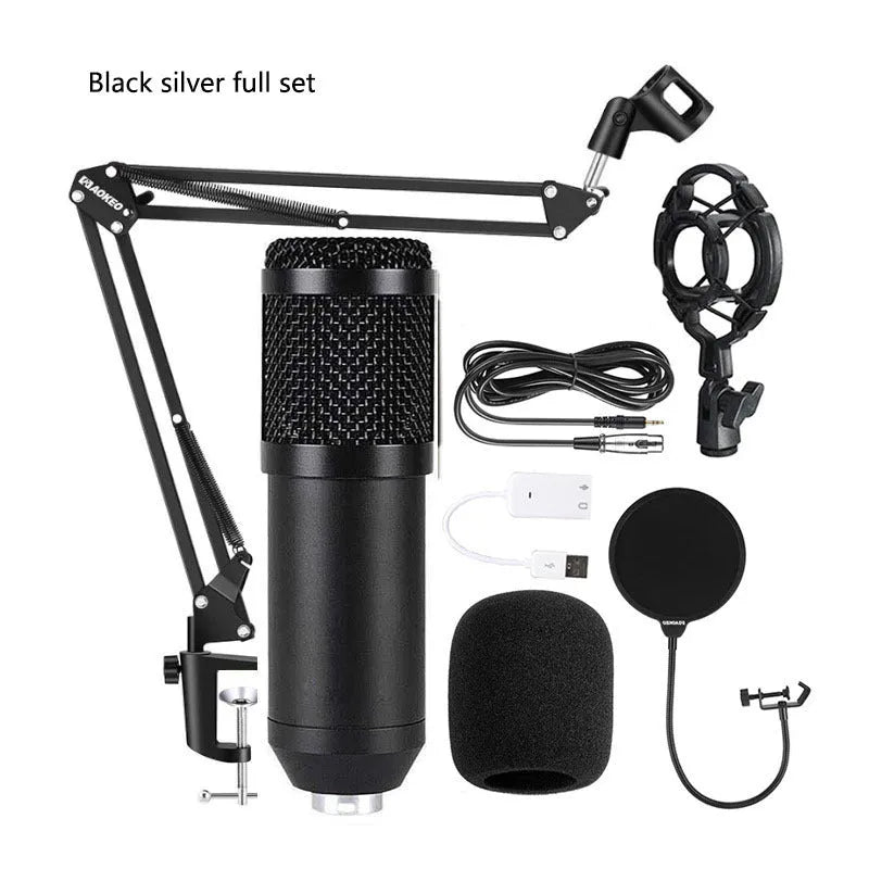 BM800 condenser microphone with large pop filter on a metal desk stand and shock mount.