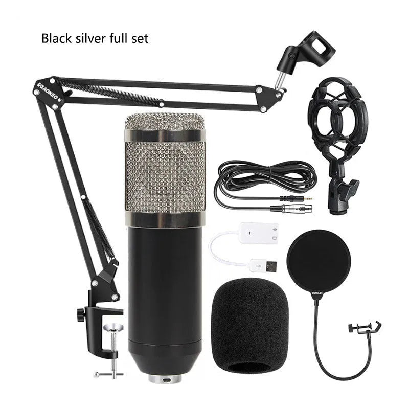 BM800 condenser microphone with large pop filter on a metal desk stand and shock mount.