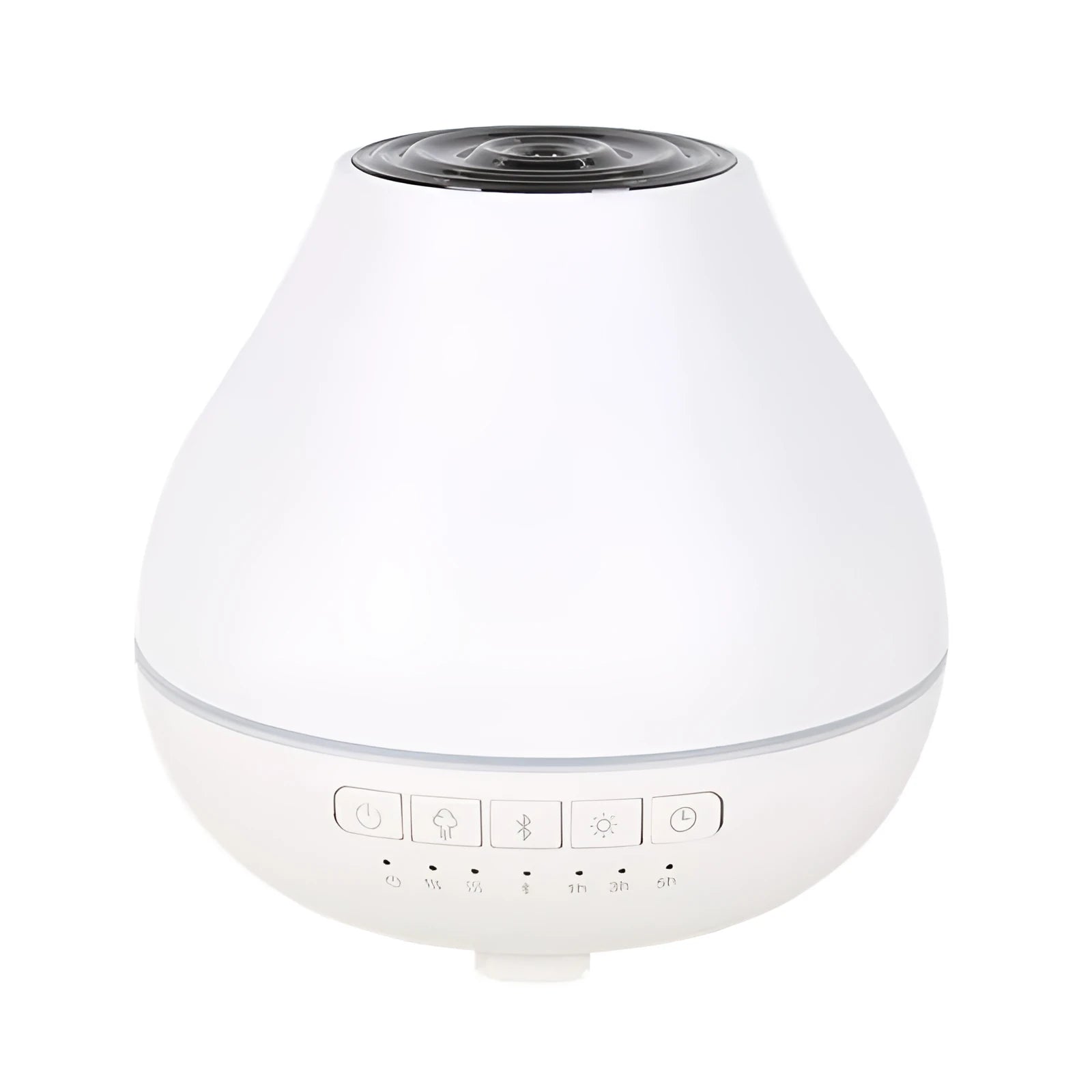 White round Bluetooth humidifier and essential oil aroma diffuser with night light on a table.