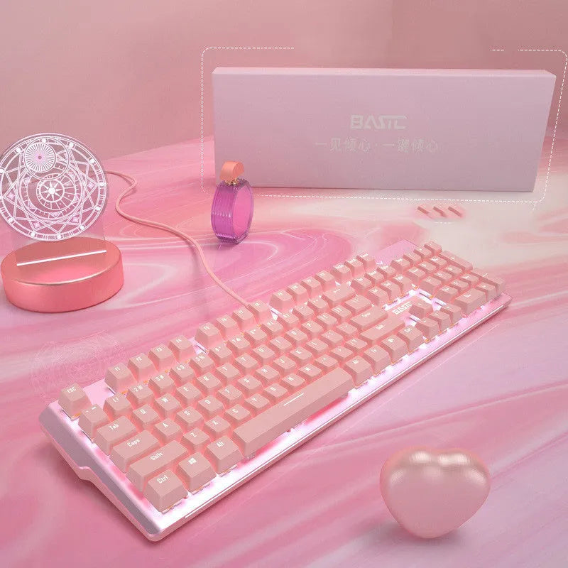 Pink mechanical keyboard and wired mouse set for PC gaming with USB connections