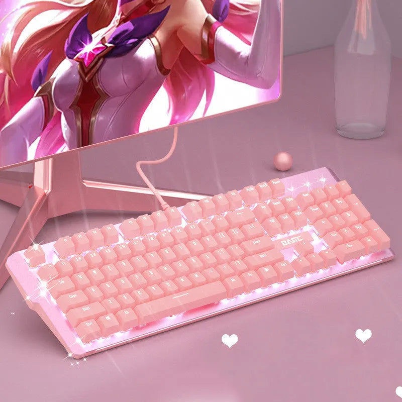 Pink mechanical keyboard and wired mouse set for PC gaming with USB connections