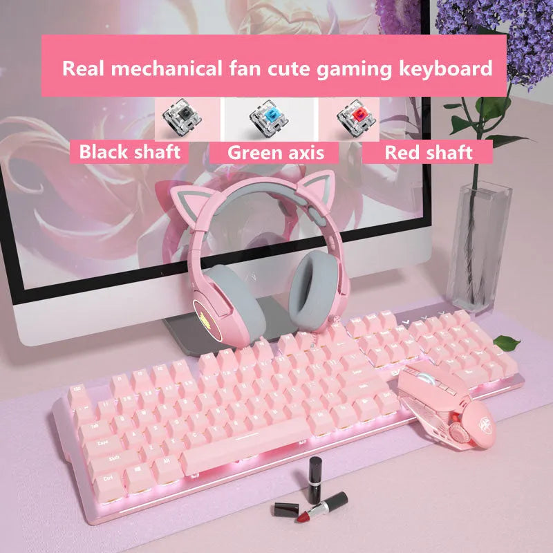 Pink mechanical keyboard and wired mouse set for PC gaming with USB connections