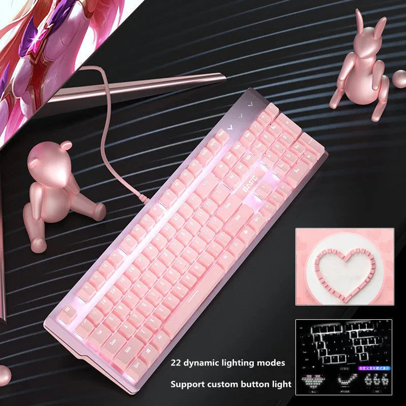 Pink mechanical keyboard and wired mouse set for PC gaming with USB connections