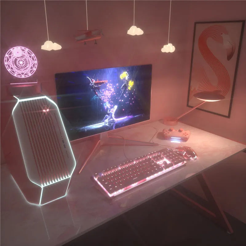 Pink mechanical keyboard and wired mouse set for PC gaming with USB connections