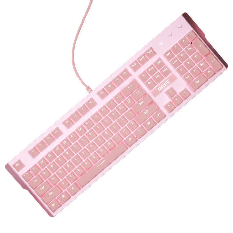 Pink mechanical keyboard and wired mouse set for PC gaming with USB connections