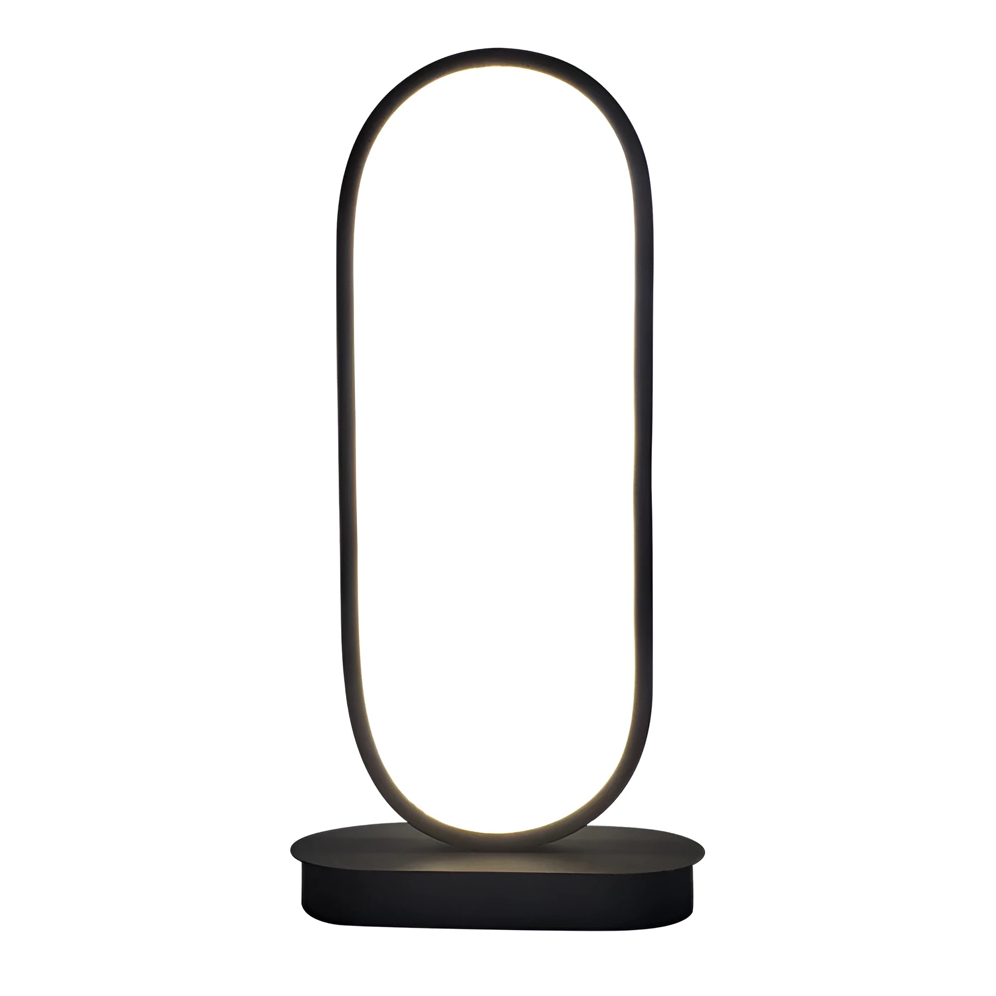 Oval LED table lamp with metal lampshade, push button switch, 18W, 45cm tall, black finish, on a wooden table