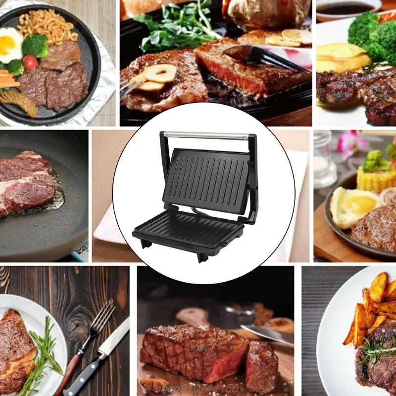 Nonstick electric steak maker grill with black casing, adjustable temperature knob, and wrap-around power cord on a kitchen worktop.