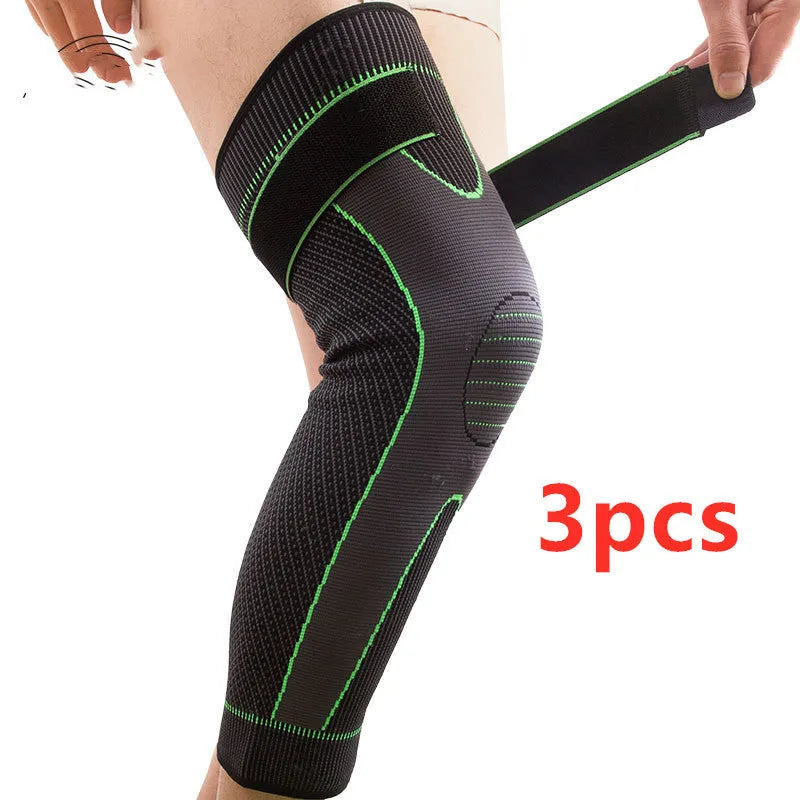 Long straps knee pads in green, polyester fibre, non-slip leggings style for sports protection
