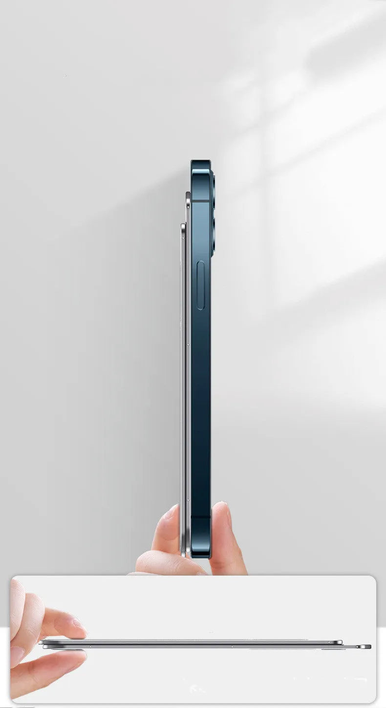 Foldable aluminum alloy phone holder in space gray on a desk holding an iPhone