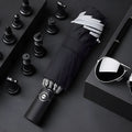 Automatic reverse umbrella with reflective cloth shown open, demonstrating 58cm span and 10-rib construction