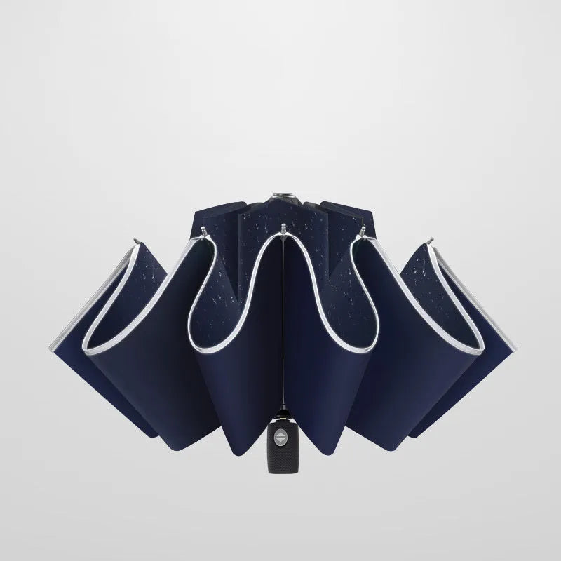 Automatic reverse umbrella with reflective cloth shown open, demonstrating 58cm span and 10-rib construction