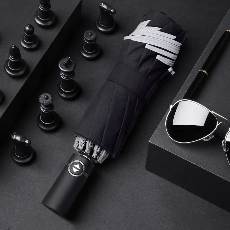 Automatic reverse umbrella with reflective cloth shown open, demonstrating 58cm span and 10-rib construction