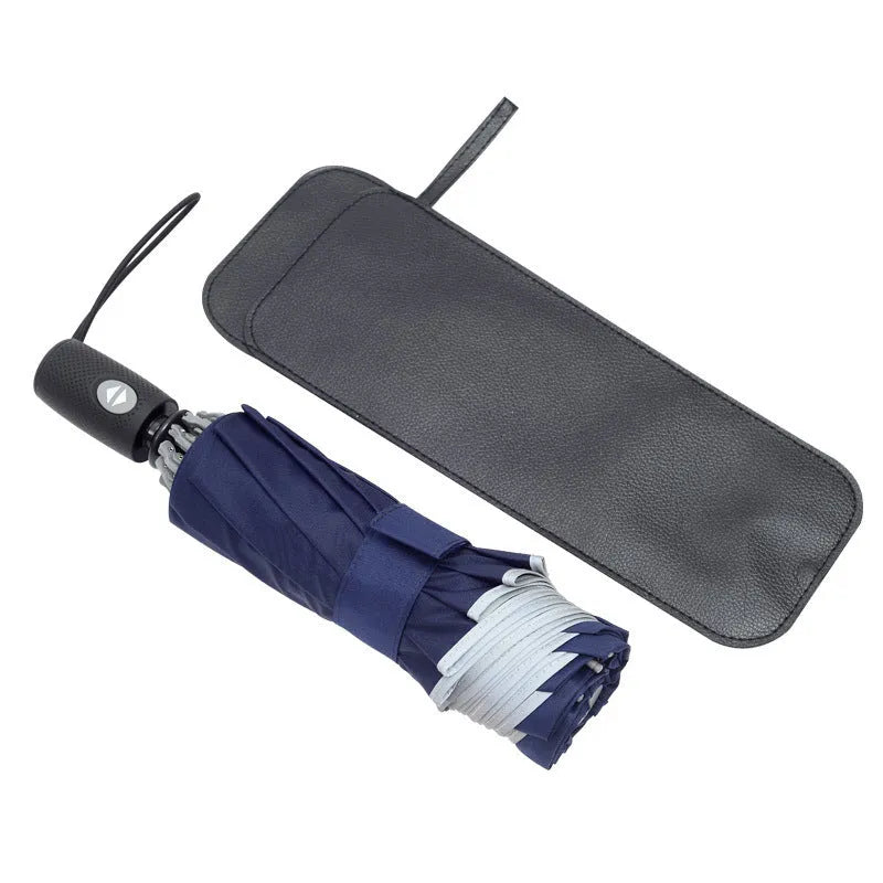 Automatic reverse umbrella with reflective cloth shown open, demonstrating 58cm span and 10-rib construction
