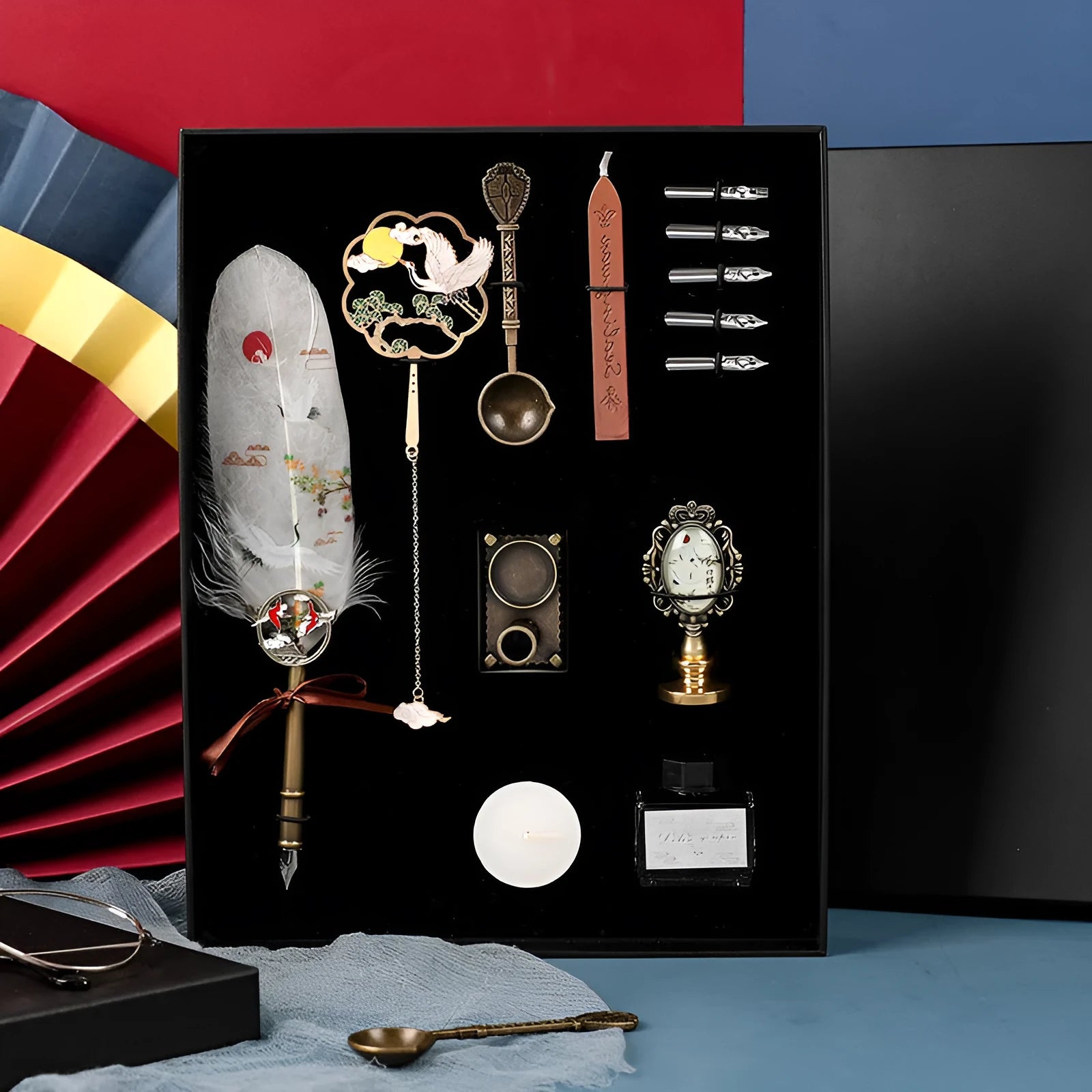 Calligraphy dip pen set with stainless steel nib and crane feather pen head in gift box, style option shown