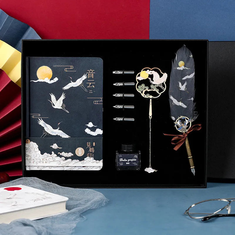 Calligraphy dip pen set with stainless steel nib and crane feather pen head in gift box, style option shown