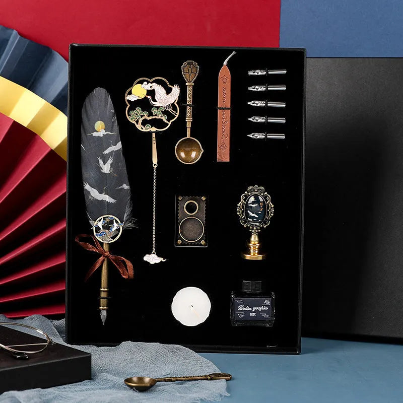 Calligraphy dip pen set with stainless steel nib and crane feather pen head in gift box, style option shown