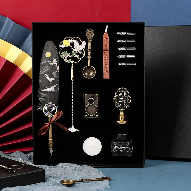Calligraphy dip pen set with stainless steel nib and crane feather pen head in gift box, style option shown