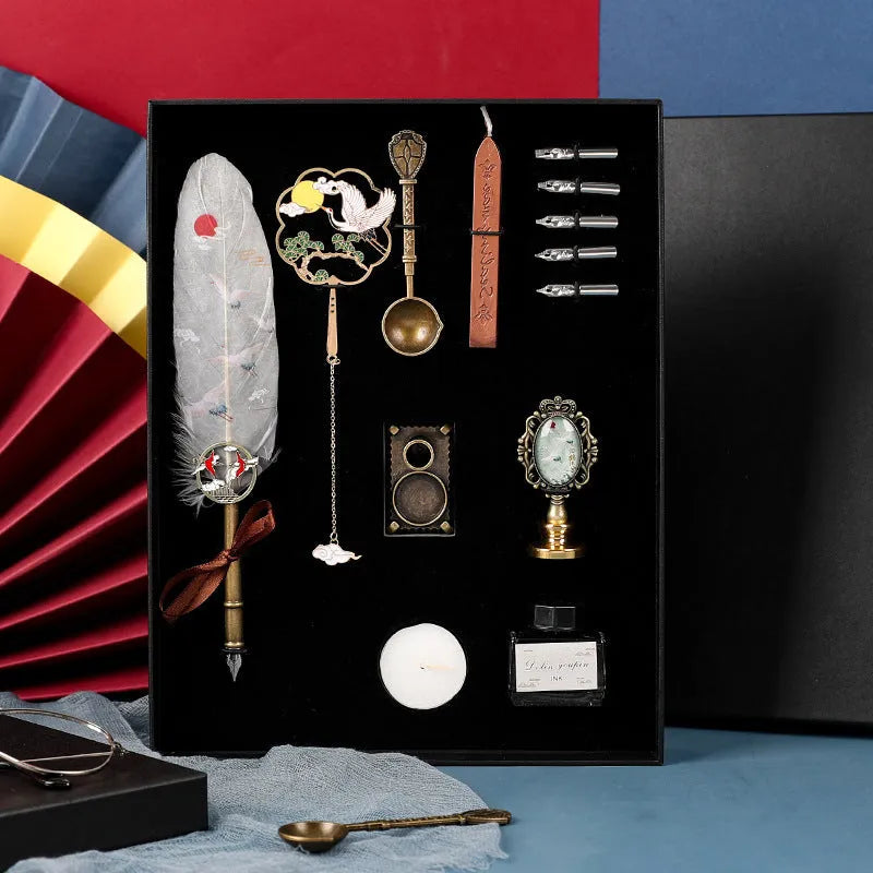 Calligraphy dip pen set with stainless steel nib and crane feather pen head in gift box, style option shown