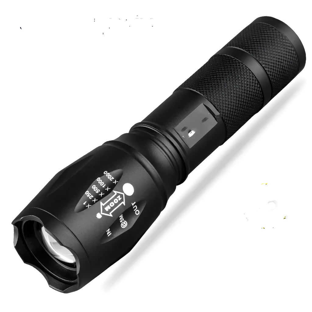 Shustar LED flashlight black 10W rechargeable torch camping light on table