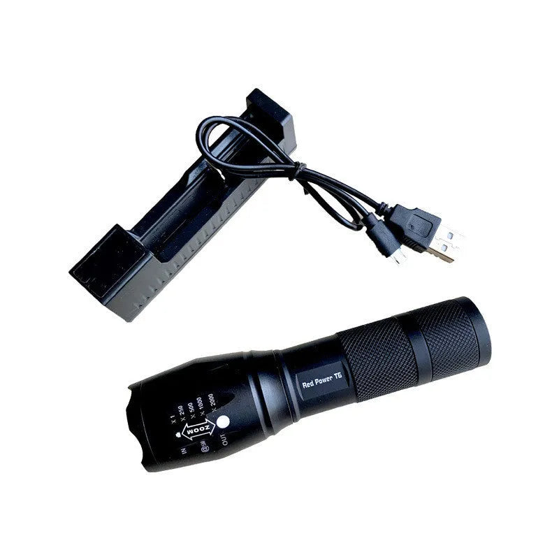 Shustar LED flashlight black 10W rechargeable torch camping light on table