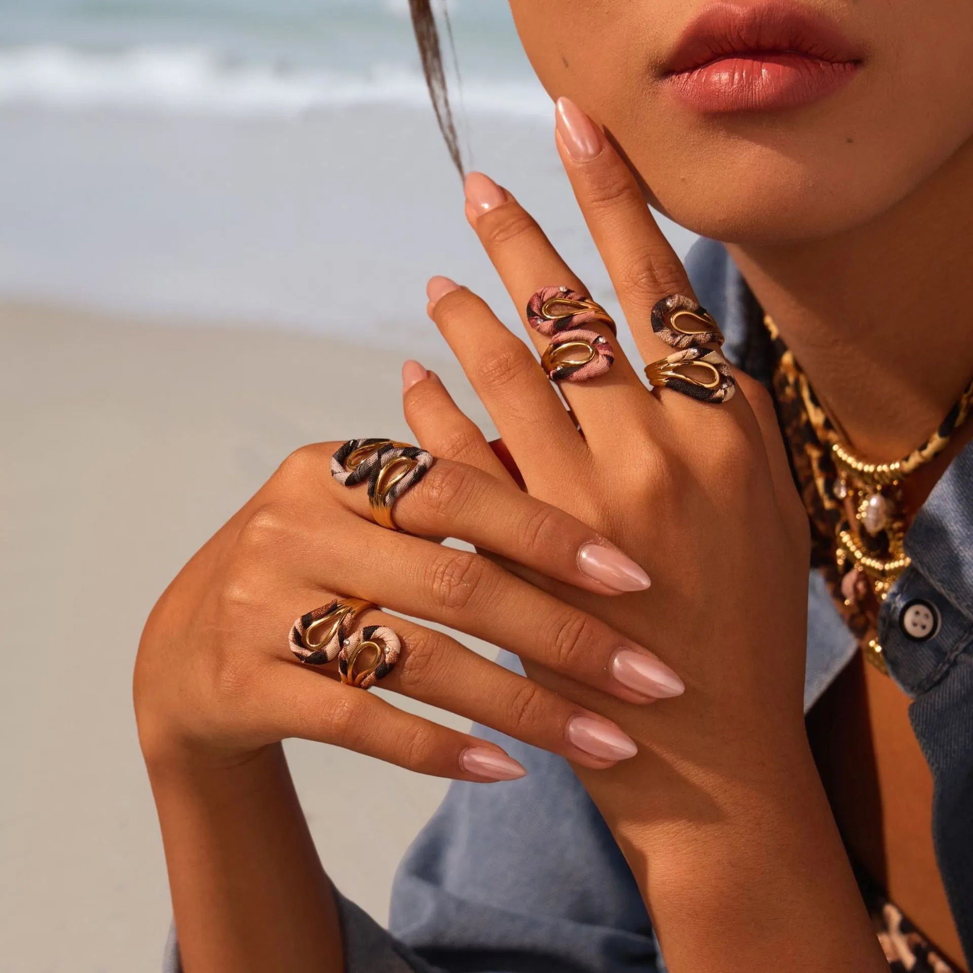 Stainless steel open mouth ring with leopard print geometric heart and star shapes