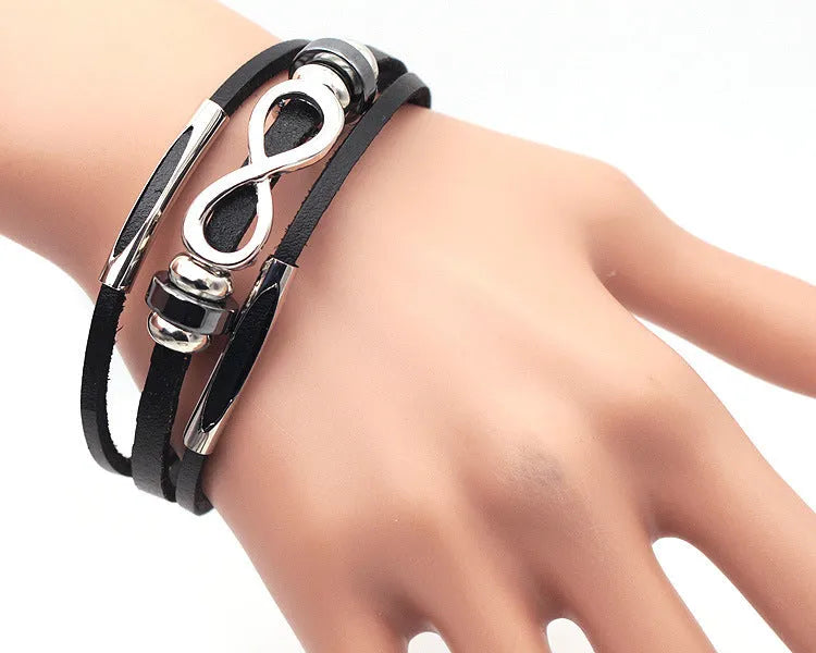 Men's leather bracelet retro geometry design black colour 21cm total length metal fitting