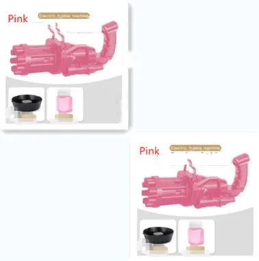 A child's bubble machine toy with a realistic gun design in pink, gold or black, shown with its removable bubble head.