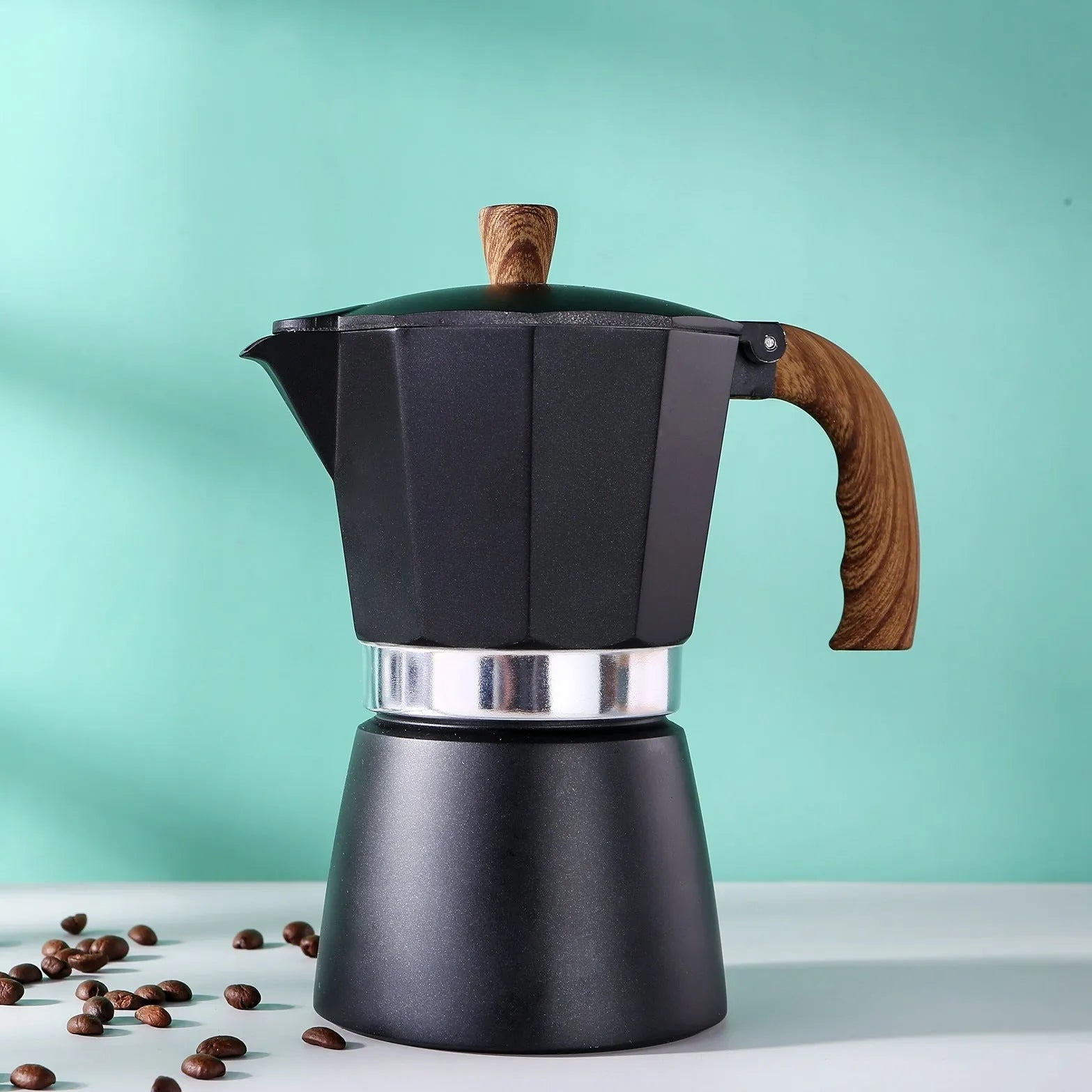 Aluminium Italian mocha coffee pot set with long handle, black finish, 300ml capacity, stovetop use