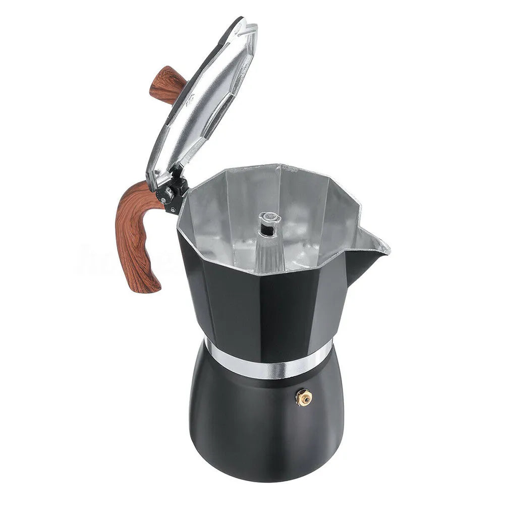 Aluminium Italian mocha coffee pot set with long handle, black finish, 300ml capacity, stovetop use