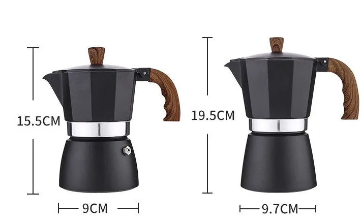 Aluminium Italian mocha coffee pot set with long handle, black finish, 300ml capacity, stovetop use