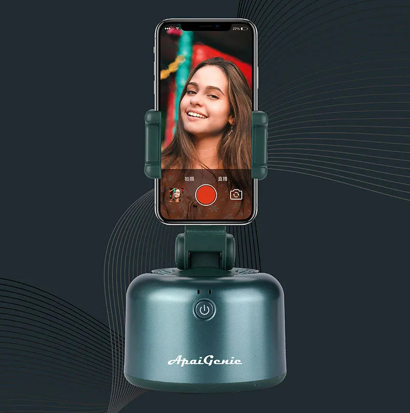 360 Smart Follow-Up PTZ AI Genie 2 mobile phone stabilizer in Black, ABS construction, with smartphone mounted for selfie
